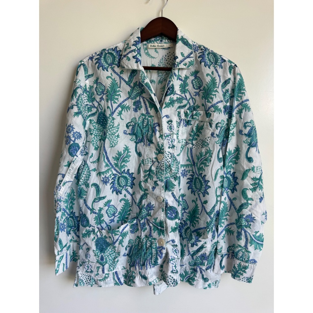 Roller Rabbit Blue Green Block Print Floral Cotton Pajama Top M Boho Prep pocket